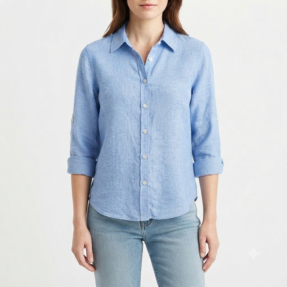 Orvis Shirt Womens Large Linen Blend Button Down Blue Roll Tab Sleeve Classic